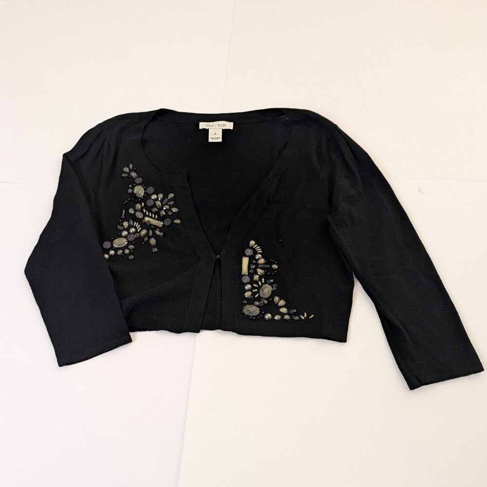 White House Black Market 3/4 Sleeve Black Shrug/Cardigan with Beading, Size M